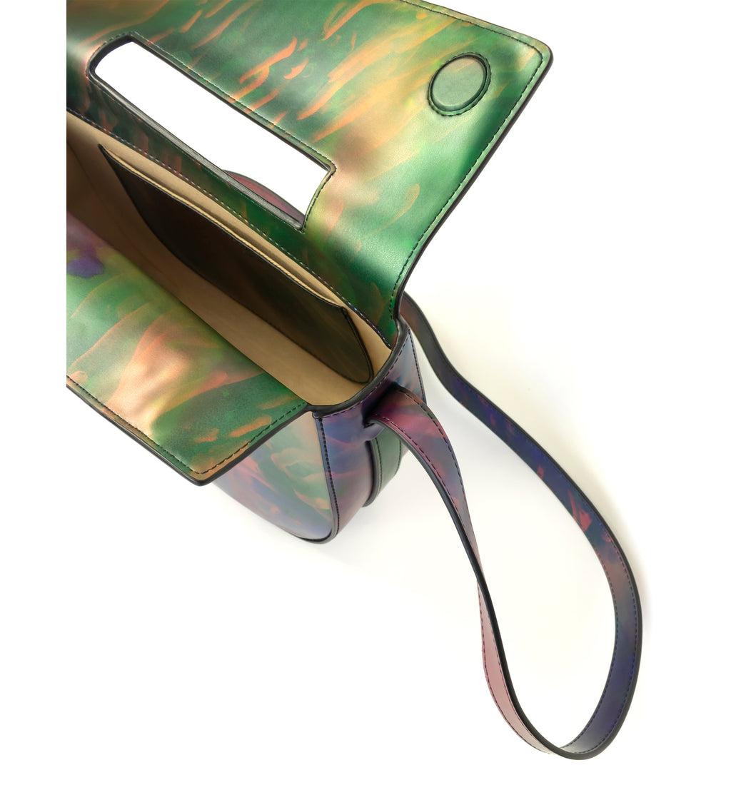 Printed iridescent vegan leather crossbody bag by Sydney Brown. Timeless, classic and modern.  Inside view.