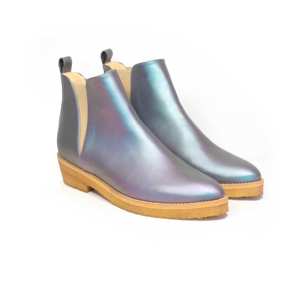 Chelsea Style Ankle Boot in Matte Iridescent vegan leather, almond pointy toe, elastic on sides with natural rubber crepe sole.