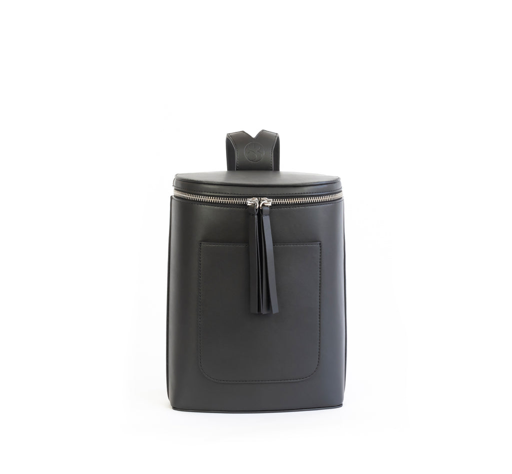 Black eco vegan leather bucket backpack by Sydney Brown. Timeless, classic and modern. Front view.