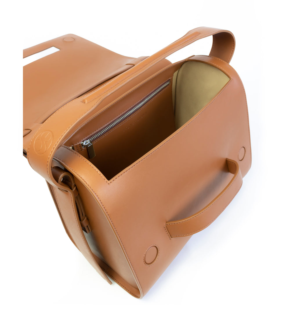 Brown eco vegan leather barrel shoulder bag by Sydney Brown. Timeless, classic and modern. Inside view