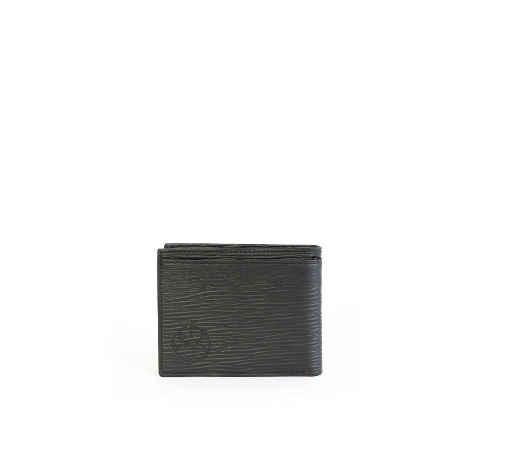 Unisex bifold wallet, practical and timeless. Black Emboss faux-leather. Back.