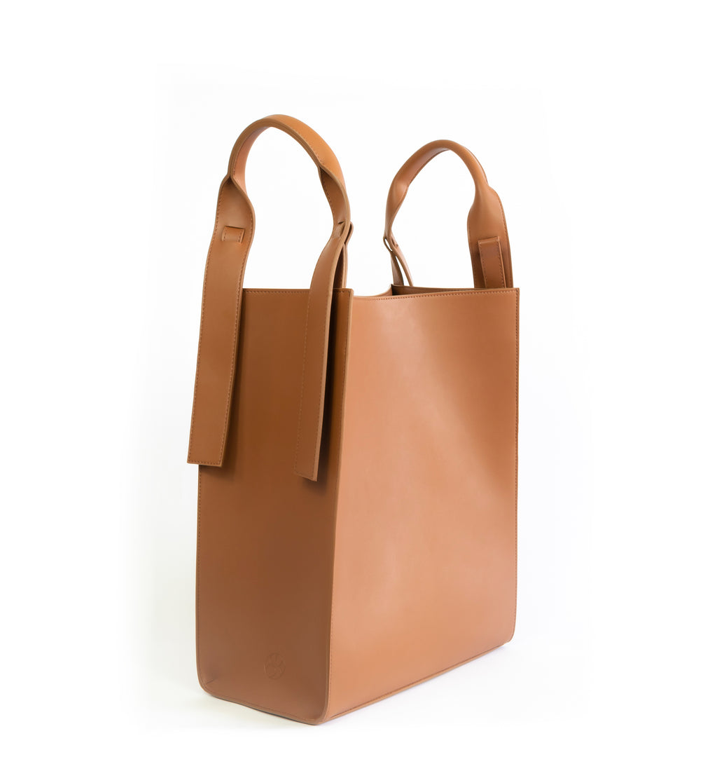 Brown eco vegan leather tote shoulder bag by Sydney Brown. Timeless, classic and modern. No shoulder handle.