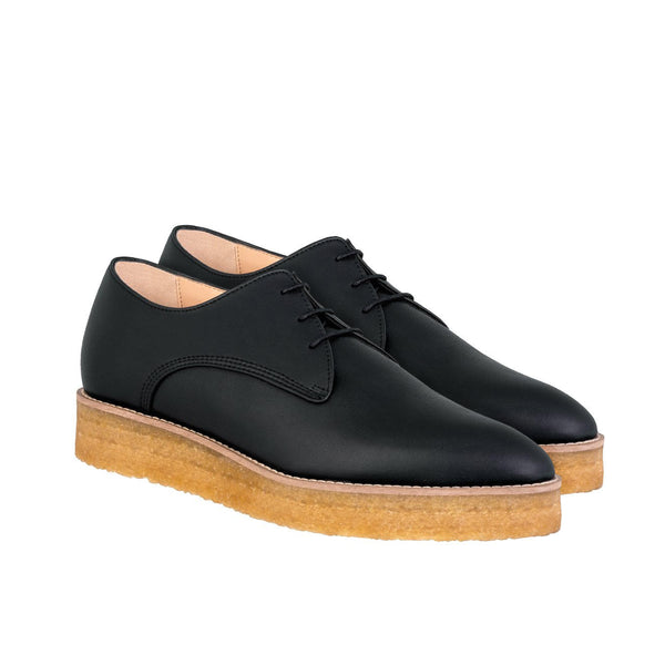 Crepe Derby in Black eco vegan leather, pointy toe, natural rubber crepe sole.