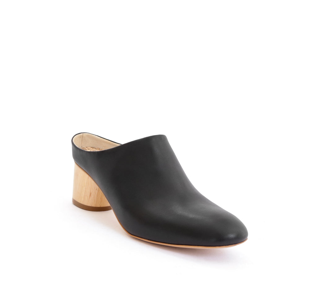 Mule in black eco vegan leather, almond toe with a natural wood mid-heel.