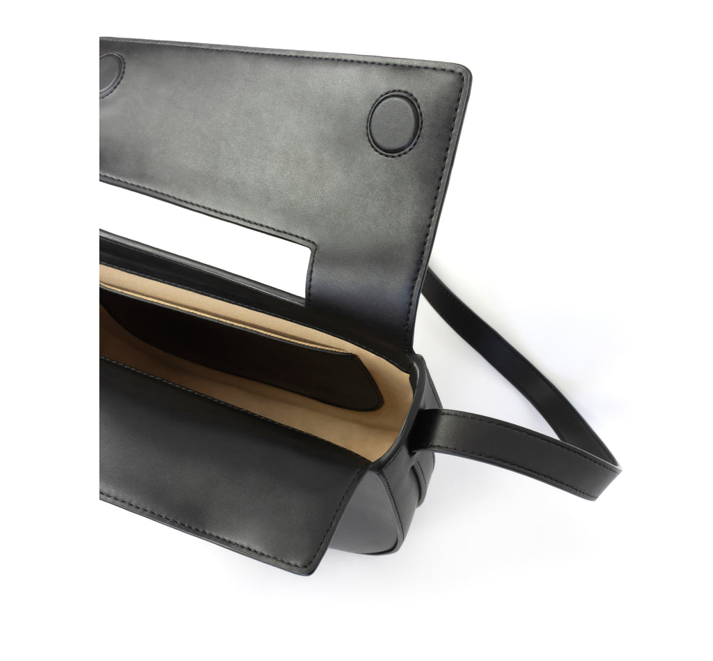 Eco vegan leather crossbody bag by Sydney Brown. Timeless, classic and modern. Inside view