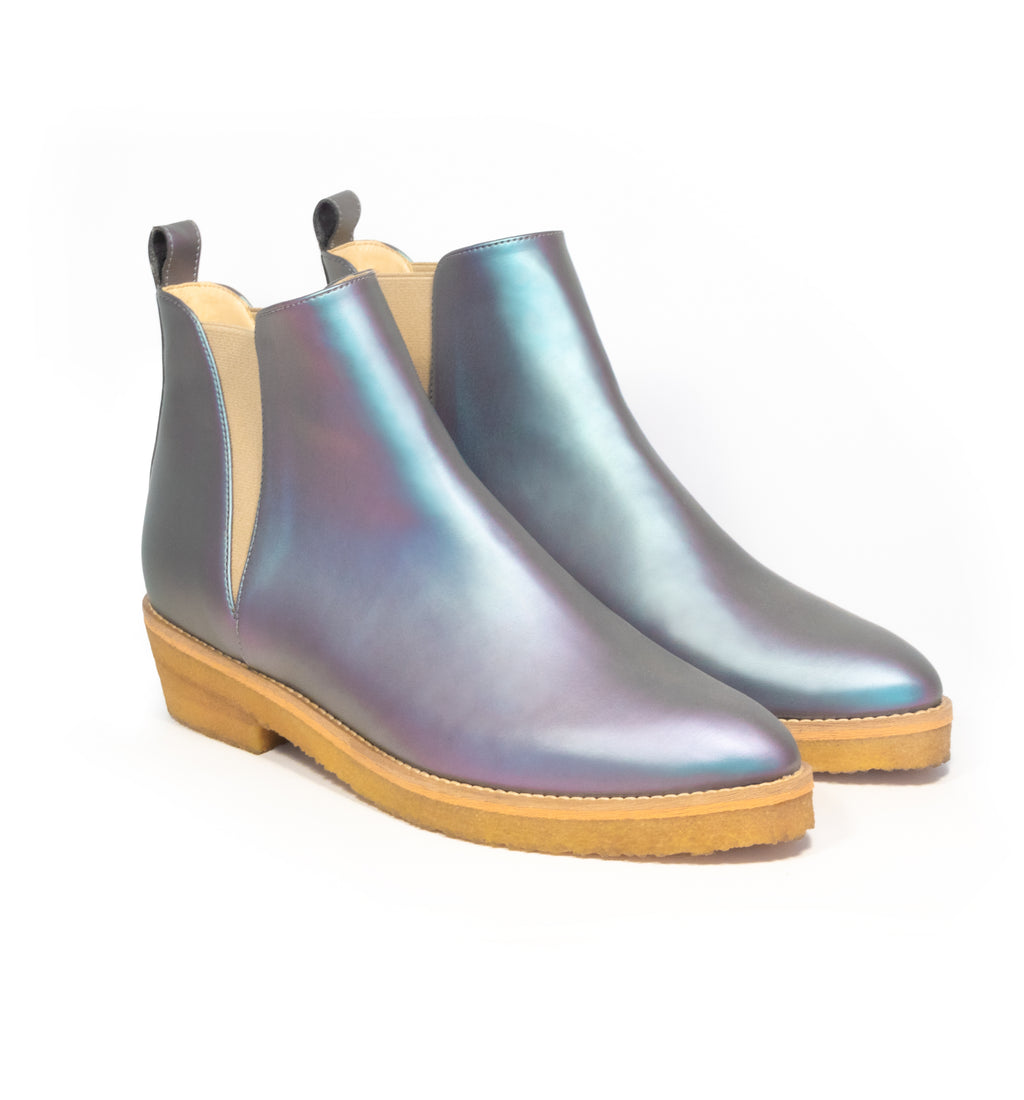 Chelsea Style Ankle Boot in Matte Iridescent vegan leather, almond pointy toe, elastic on sides with natural rubber crepe sole.