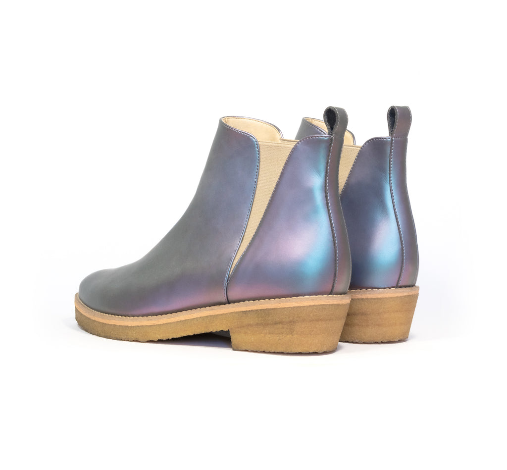 Chelsea Style Ankle Boot in Matte Iridescent vegan leather, almond pointy toe, elastic on sides with natural rubber crepe sole.