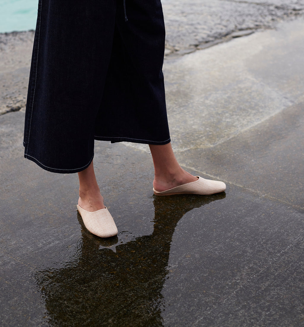 Natural Raffia Slide, closed square toe, natural flat sole.