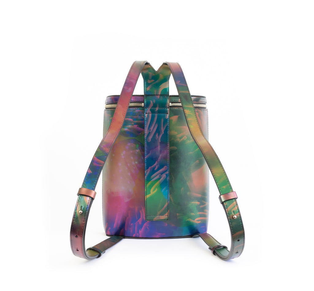 Printed iridescent vegan leather bucket backpack by Sydney Brown. Timeless, classic and modern.  Back