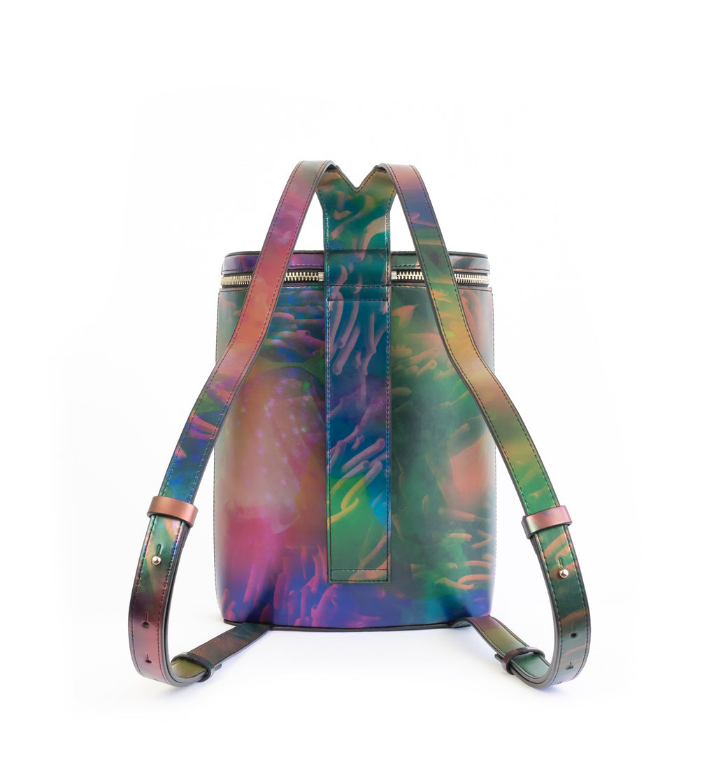 Printed iridescent vegan leather bucket backpack by Sydney Brown. Timeless, classic and modern.  Back