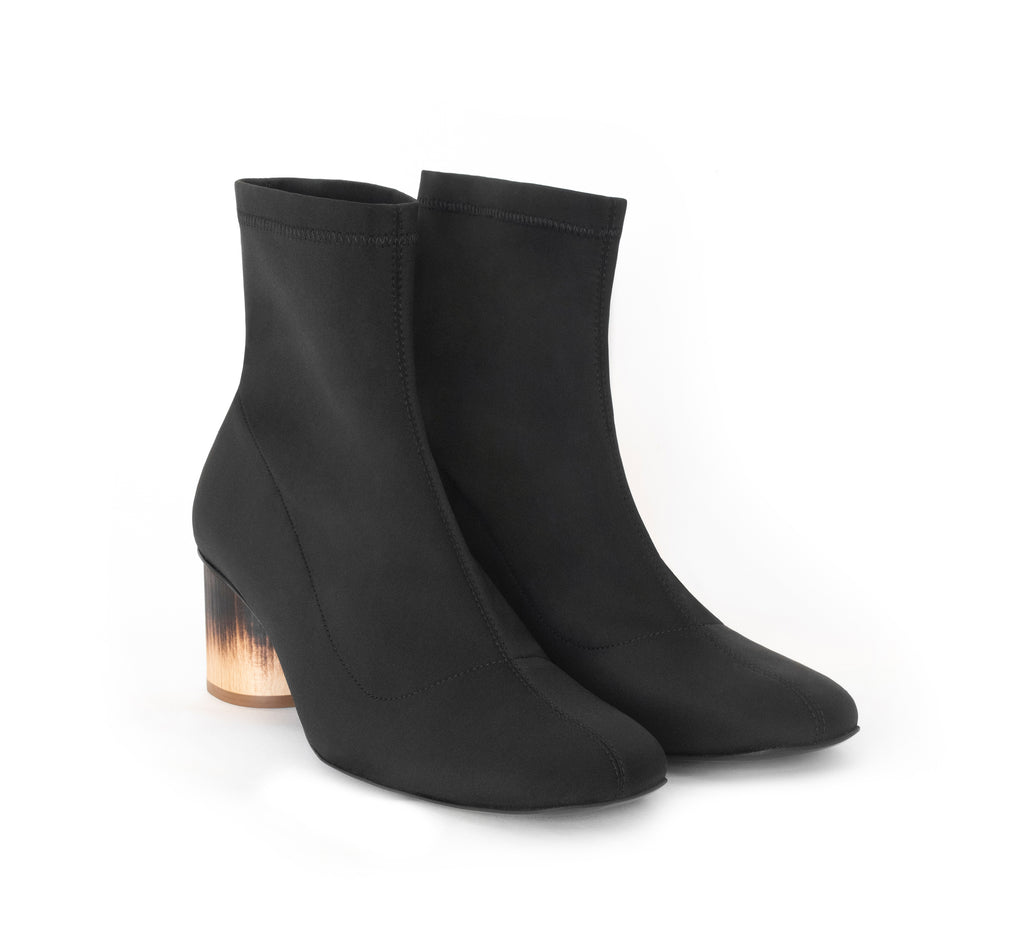 Scuba Sock Boot, high-tech knit upper in Black, low-mid heel design in shou sugi ban.