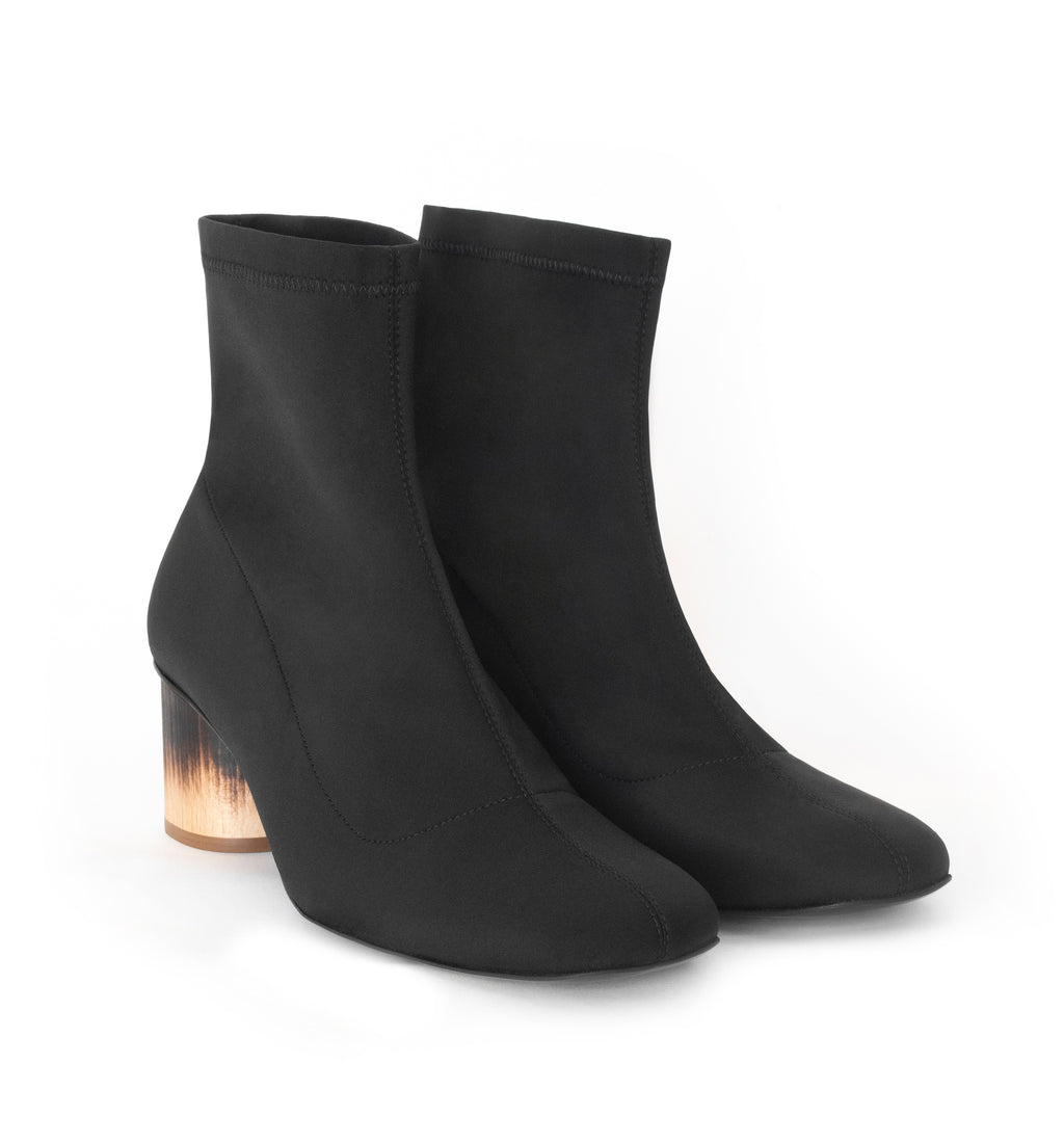 Scuba Sock Boot, high-tech knit upper in Black, low-mid heel design in shou sugi ban.