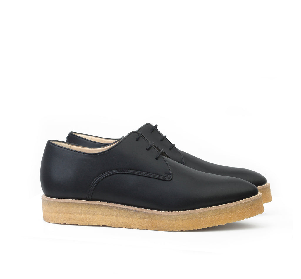 Crepe Derby in Black eco vegan leather, pointy toe, natural rubber crepe sole.