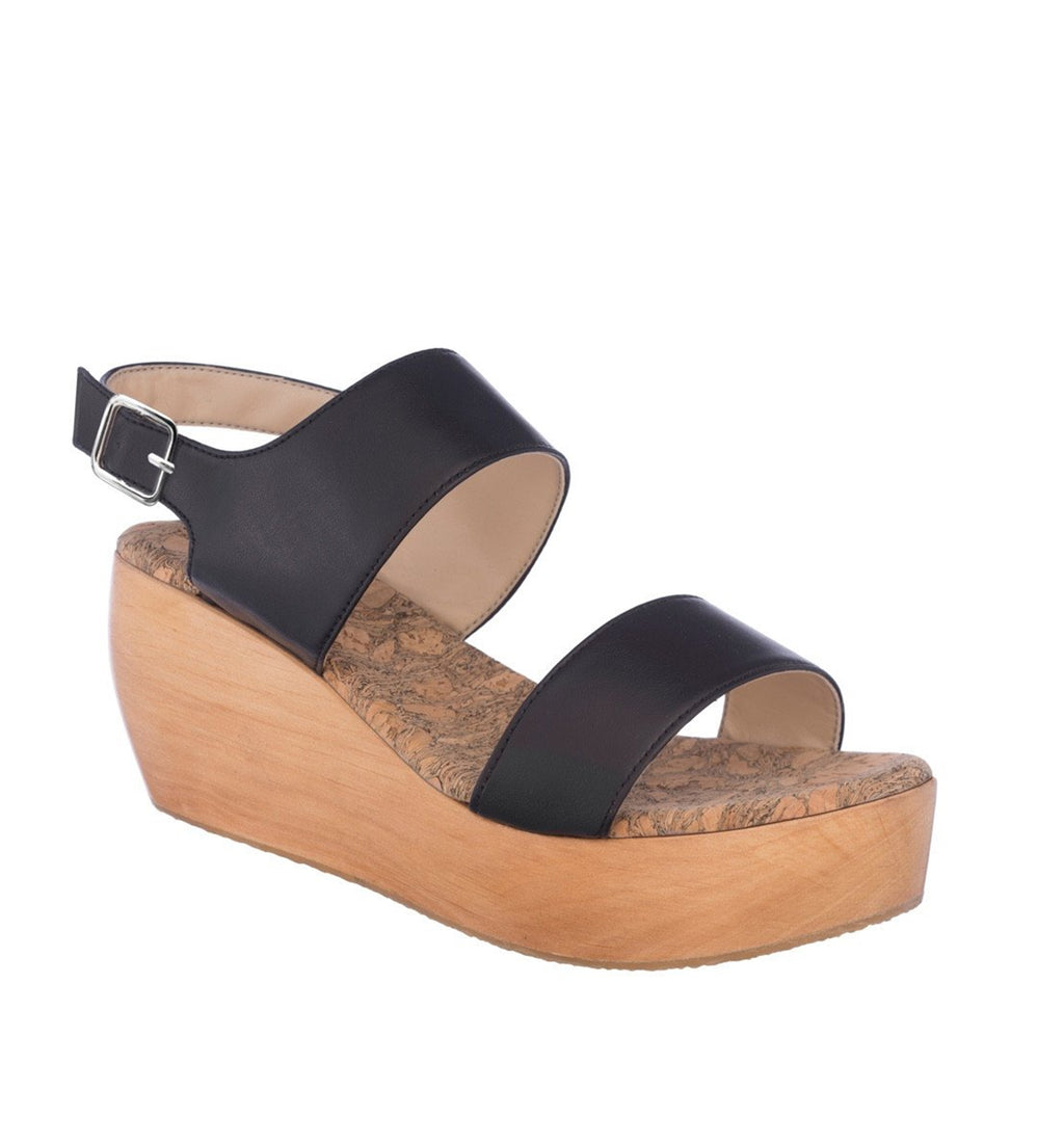 Sandal with two straps, black eco vegan leather with a natural wood platform.
