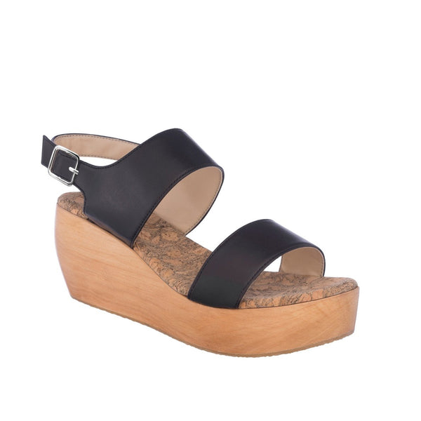 Sandal with two straps, black eco vegan leather with a natural wood platform.