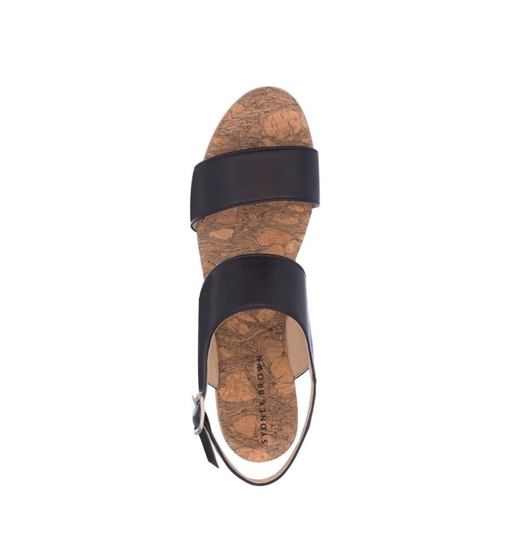 Sandal with two straps, black eco vegan leather with a natural wood platform.