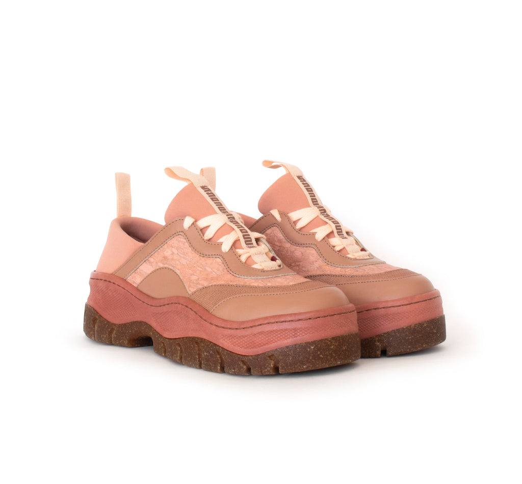 Unisex Rice Rave Sneaker in Rose, combination of hemp, fennel, eco vegan leather and neoprene. Rice husk recycled rubber chunky sole.