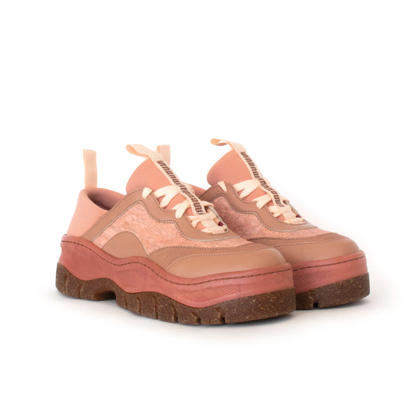 Unisex Rice Rave Sneaker in Rose, combination of hemp, fennel, eco vegan leather and neoprene. Rice husk recycled rubber chunky sole.
