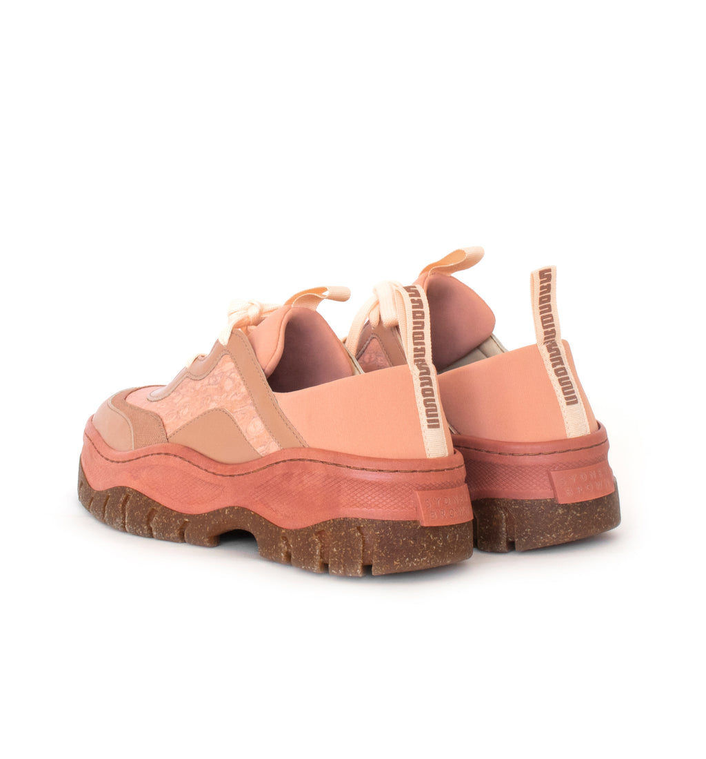 Unisex Rice Rave Sneaker in Rose, combination of hemp, fennel, eco vegan leather and neoprene. Rice husk recycled rubber chunky sole.