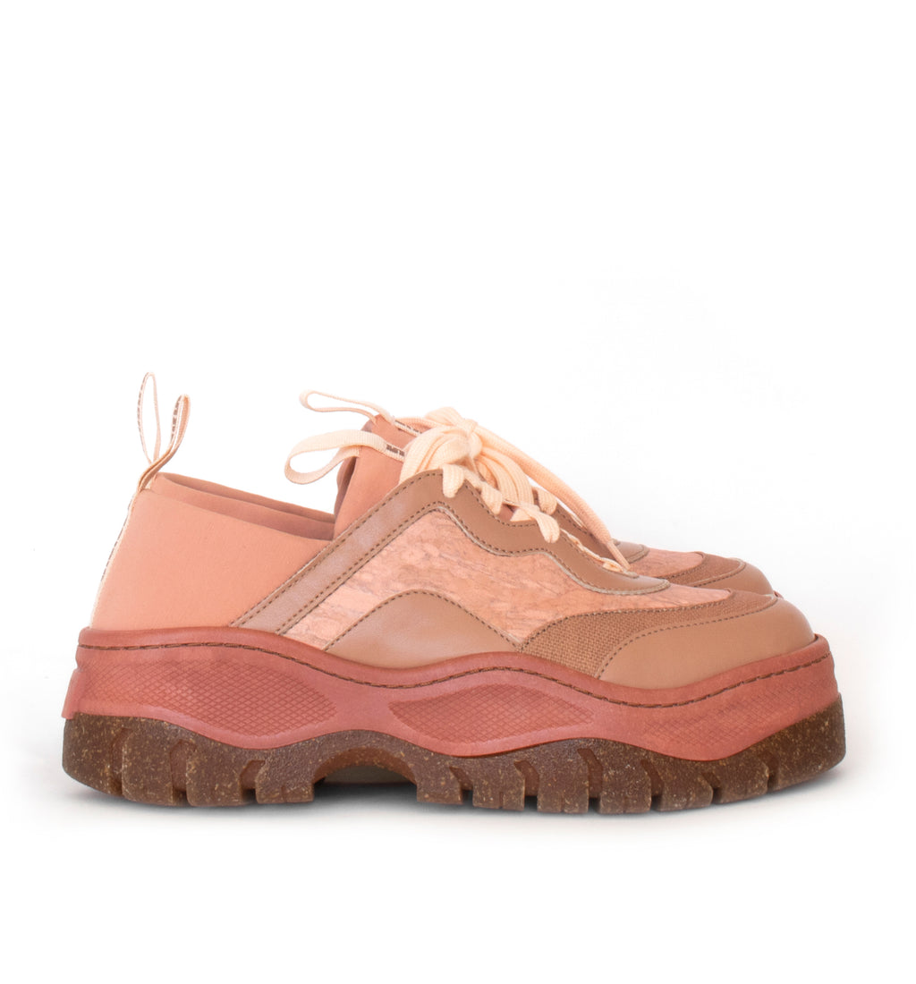 Unisex Rice Rave Sneaker in Rose, combination of hemp, fennel, eco vegan leather and neoprene. Rice husk recycled rubber chunky sole.