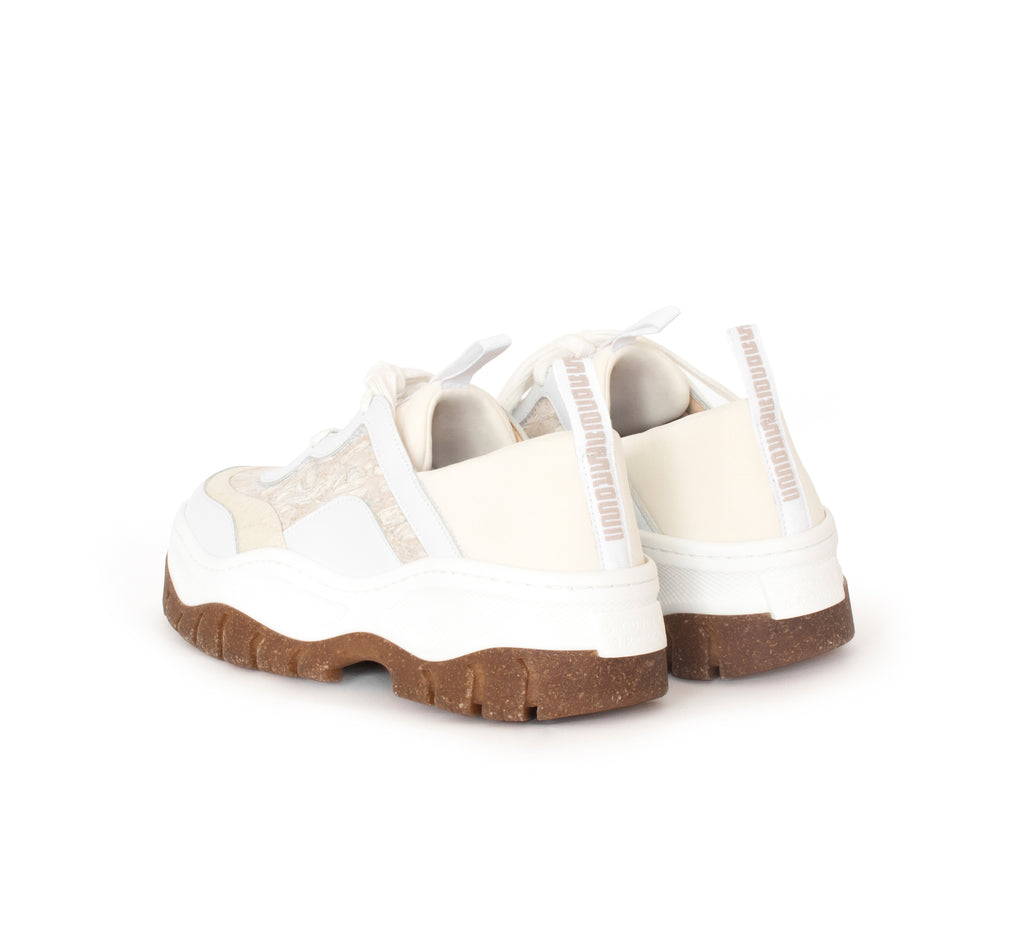 Unisex Rice Rave Sneaker in white, combination of pinatex, fennel, eco vegan leather and neoprene. Rice husk recycled rubber chunky sole.