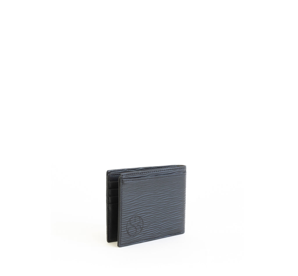 Unisex bifold wallet, practical and timeless. Black Emboss faux-leather. Angle