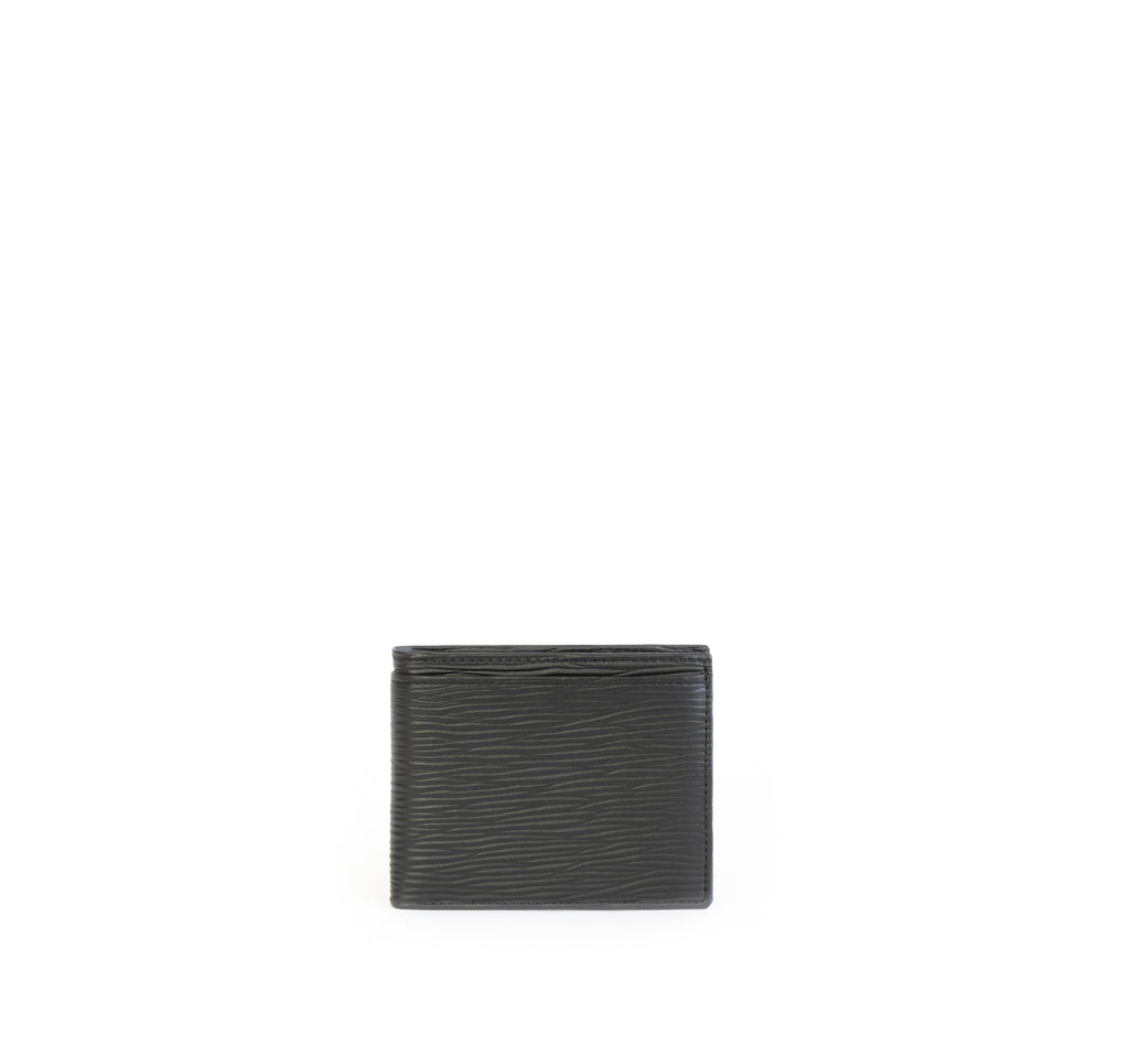 Unisex bifold wallet, practical and timeless. Black Emboss faux-leather. Front