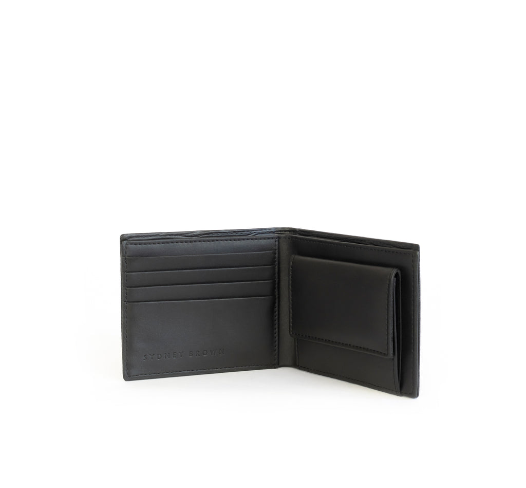 Unisex bifold wallet, practical and timeless. Black Emboss faux-leather. Inside Open