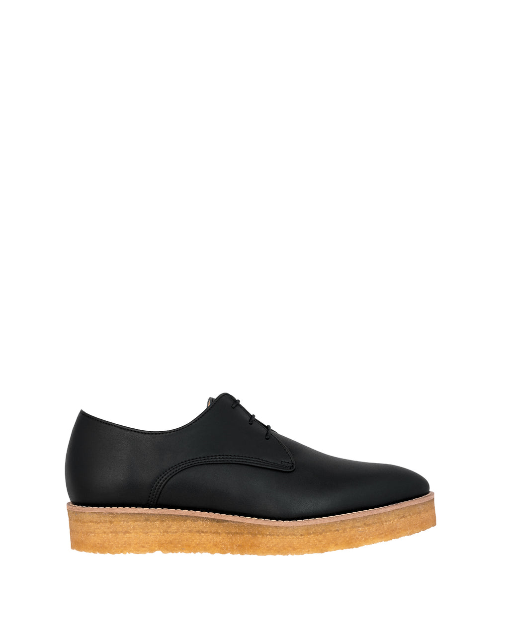 Crepe Derby in Black eco vegan leather, pointy toe, natural rubber crepe sole.