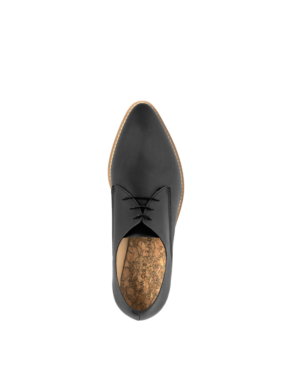 Crepe Derby in Black eco vegan leather, pointy toe, natural rubber crepe sole.