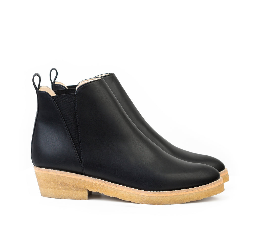 Chelsea Style Ankle Boot in Black eco vegan leather, almond pointy toe, elastic on sides with natural rubber crepe sole.