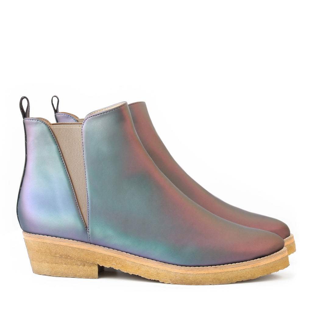 Chelsea Style Ankle Boot in Matte Iridescent vegan leather, almond pointy toe, elastic on sides with natural rubber crepe sole.