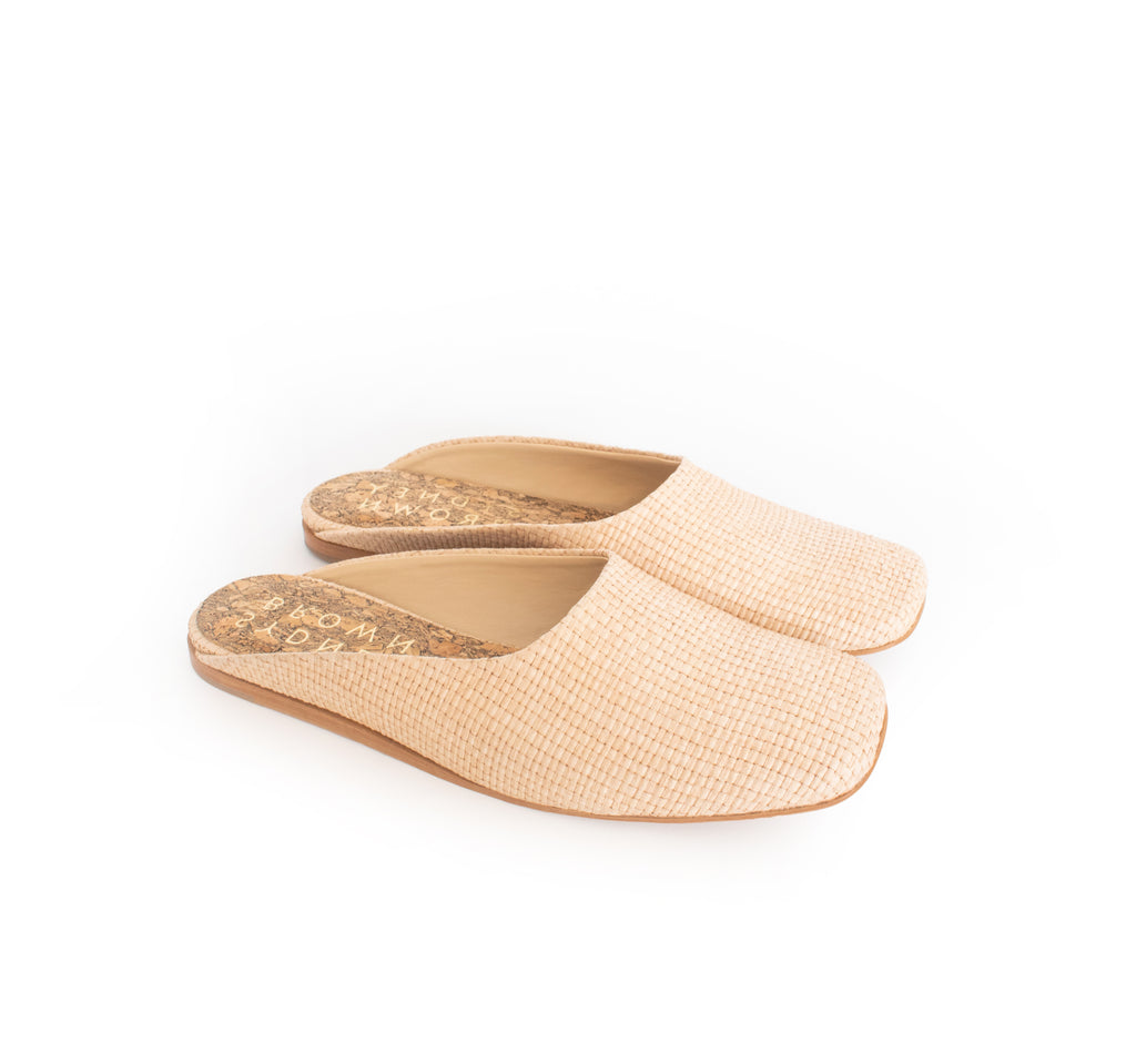 Natural Raffia Slide, closed square toe, natural flat sole.