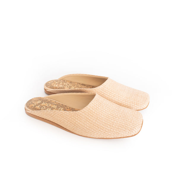 Natural Raffia Slide, closed square toe, natural flat sole.