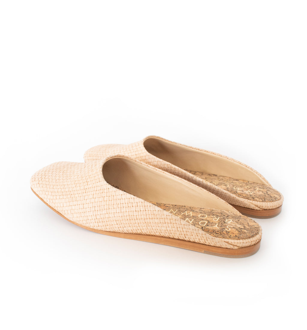 Natural Raffia Slide, closed square toe, natural flat sole.