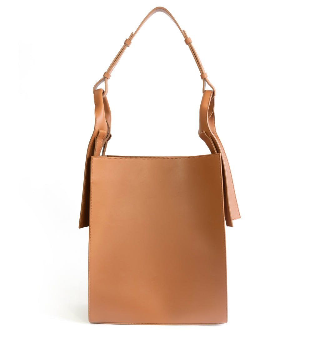 Brown eco vegan leather tote shoulder bag by Sydney Brown. Timeless, classic and modern. Front View.