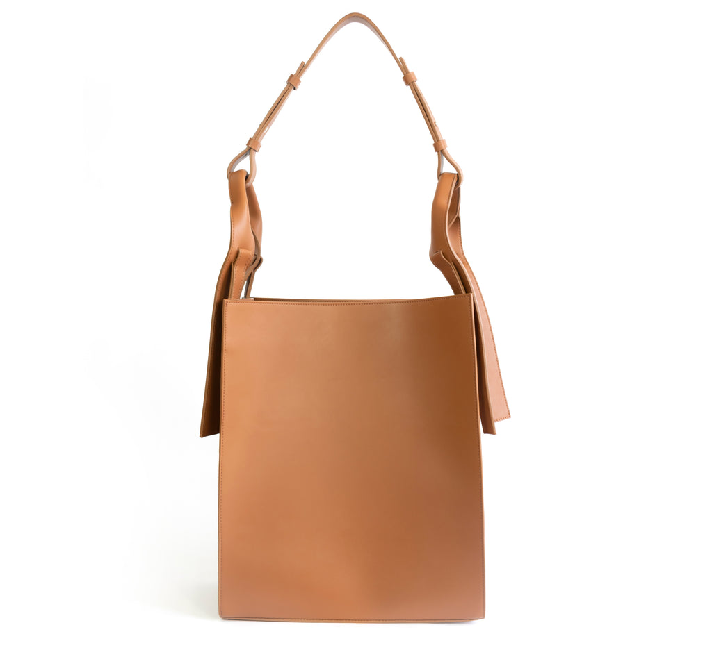 Brown eco vegan leather tote shoulder bag by Sydney Brown. Timeless, classic and modern. Front View.