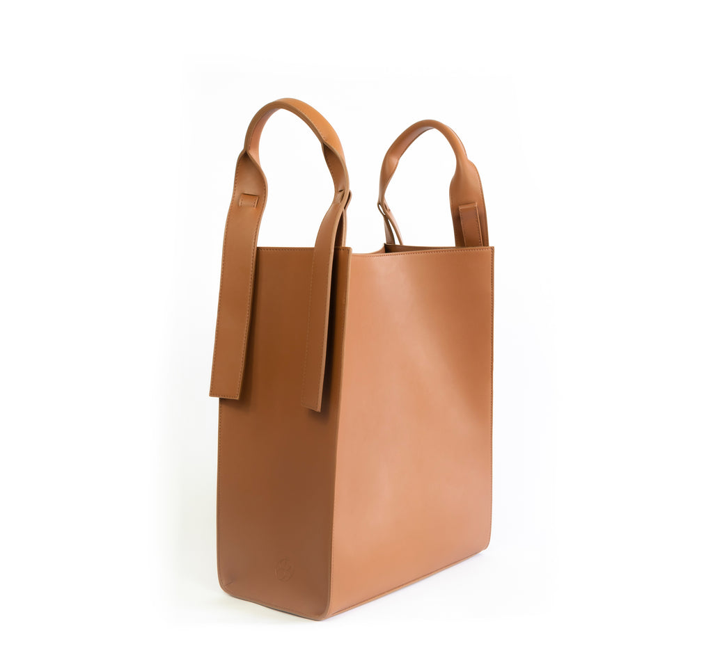 Brown eco vegan leather tote shoulder bag by Sydney Brown. Timeless, classic and modern. No shoulder handle.