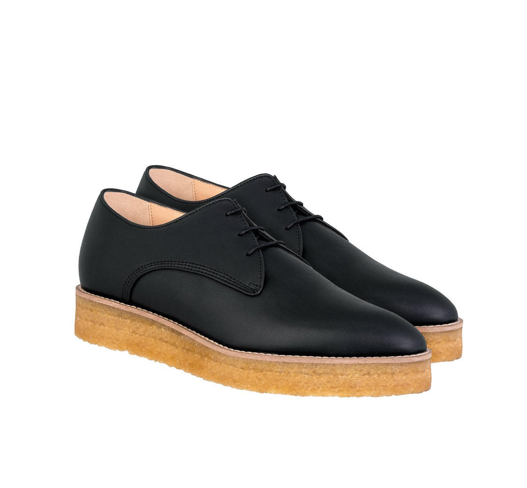Crepe Derby in Black eco vegan leather, pointy toe, natural rubber crepe sole.