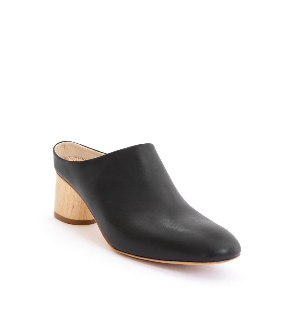 Mule in black eco vegan leather, almond toe with a natural wood mid-heel.