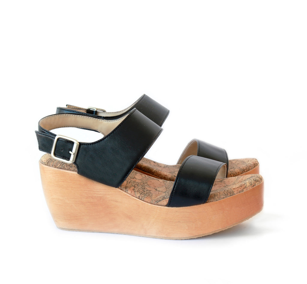 Sandal with two straps, black eco vegan leather with a natural wood platform.