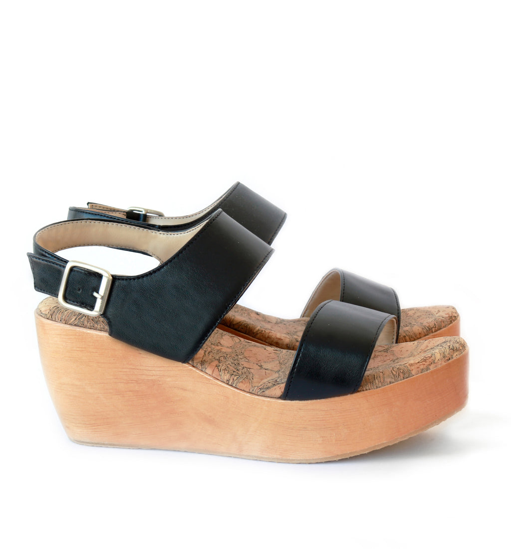 Sandal with two straps, black eco vegan leather with a natural wood platform.