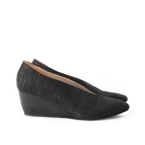 Sydney Brown Vegan, Animal-Free, Non-Leather, Ethical Classic V-Wedges in Charcoal Black Cork, Pointy V-Shape Wedges, Low Heel.