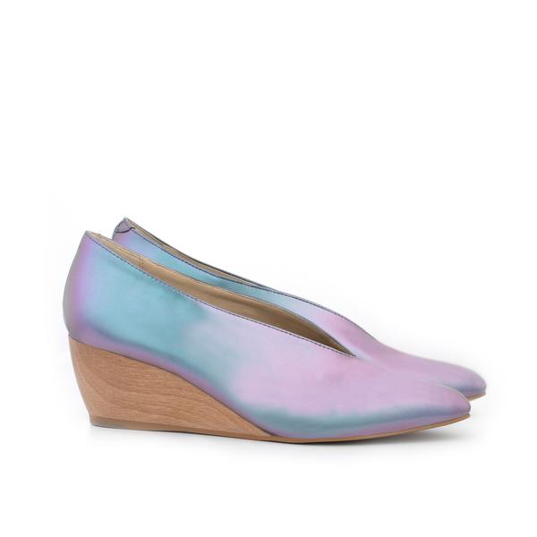 Sydney Brown Vegan, Animal-Free, Non-Leather, Ethical Classic V-Wedges in Magic Iridescent Shiny Faux-Nappa, Pointy V-Shape Wedges, Low Heel.