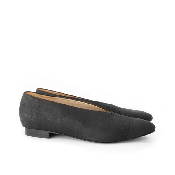 Sydney Brown Vegan, Animal-Free, Non-Leather, Ethical Classic V-Flats in Charcoal Black Cork, Pointy V-Shape Flats.