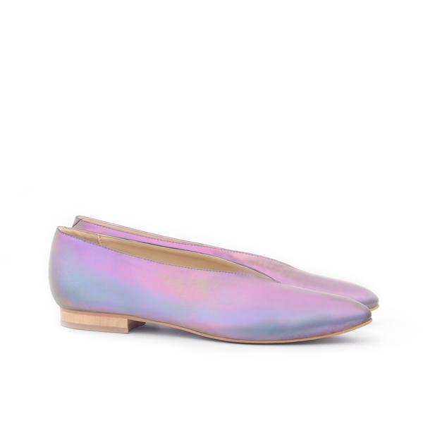 Sydney Brown Vegan, Animal-Free, Non-Leather, Ethical Classic V-Flats in Magic Iridescent Faux-Nappa, Pointy V-Shape Flats.