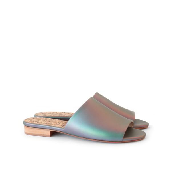 Sydney Brown Vegan, Animal-Free, Non-Leather, Ethical Matte Iridescent Magical Flat Slide Sandals