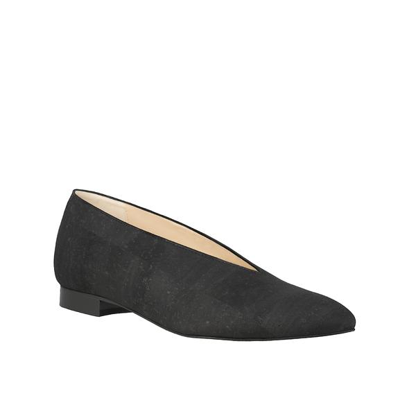 Sydney Brown Vegan, Animal-Free, Non-Leather, Ethical Classic V-Flats in Charcoal Black Cork, Pointy V-Shape Flats.