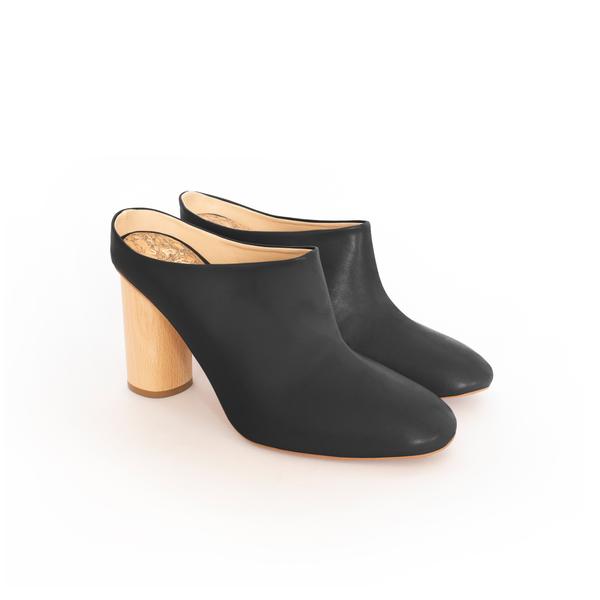 Mules in eco vegan leather, natural wood high heel.