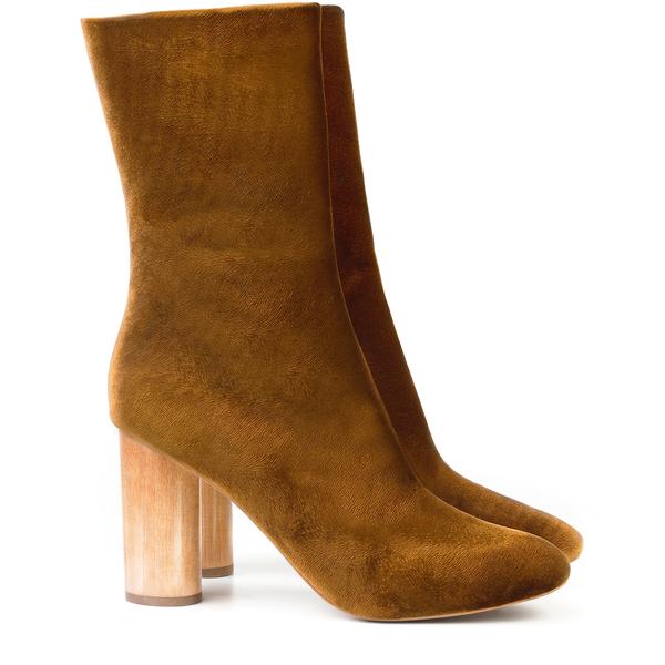 Mid-Calf Amber Velvet Boot by Sydney Brown. Autumn Winter 2018. Ethical, Cruelty-Free, Sustainable Wood Heel.